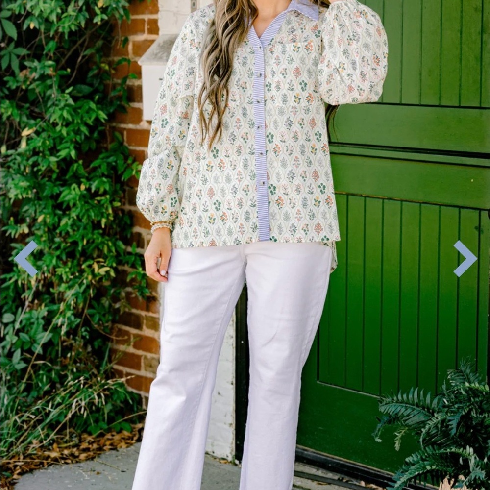 Chic Soul Floral Button-Front Blouse in Cream and Blue Trim 3X NWOT - Picture 2 of 5